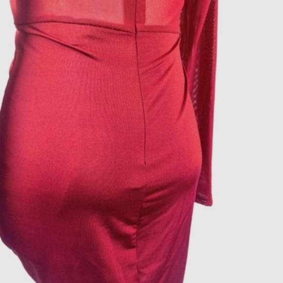 Privy Burgundy Mesh Panel Draped Bodycon Mini Dress S Sheer Sexy Red Long Sleeve - Picture 7 of 12